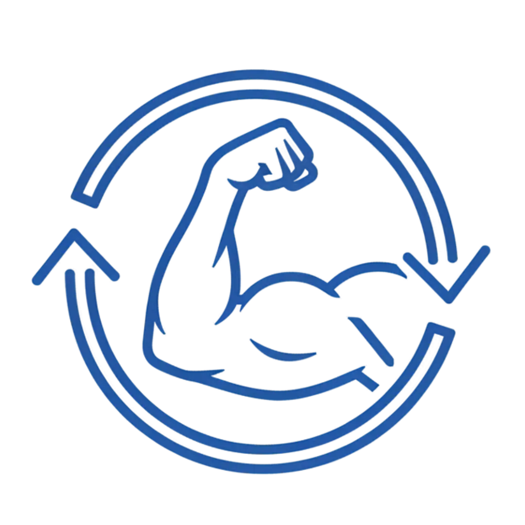 Icon showing massage gun benefit for speeding up post-workout muscle recovery and reducing soreness after exercise by Revo Lab