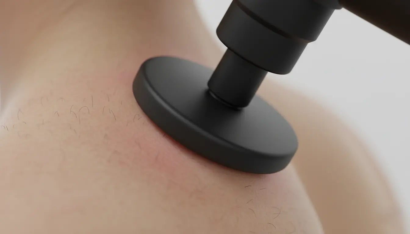 A macro photo showing the Revo fascia gun's deep-tissue action on a person's back muscle.