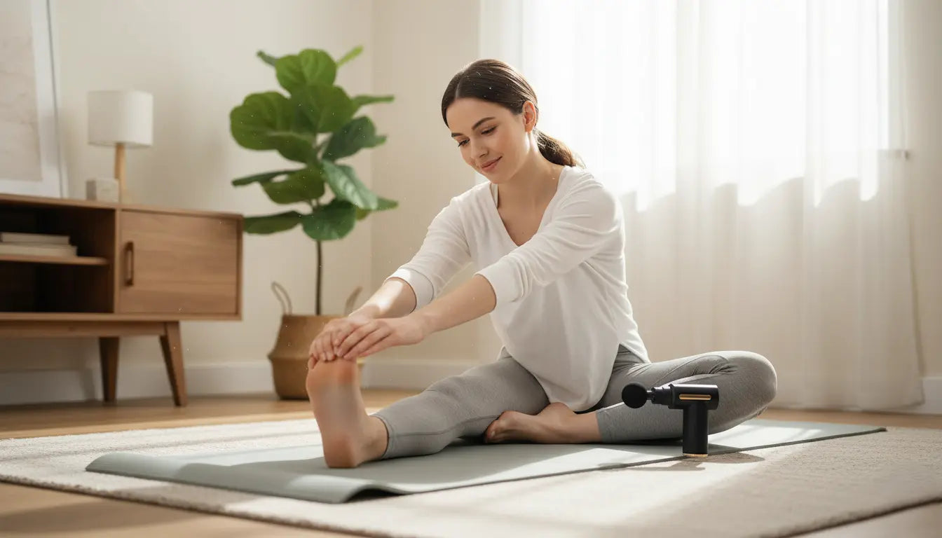 A woman in a calm living room on a yoga mat next to her Revo fascia gun for health and wellness.