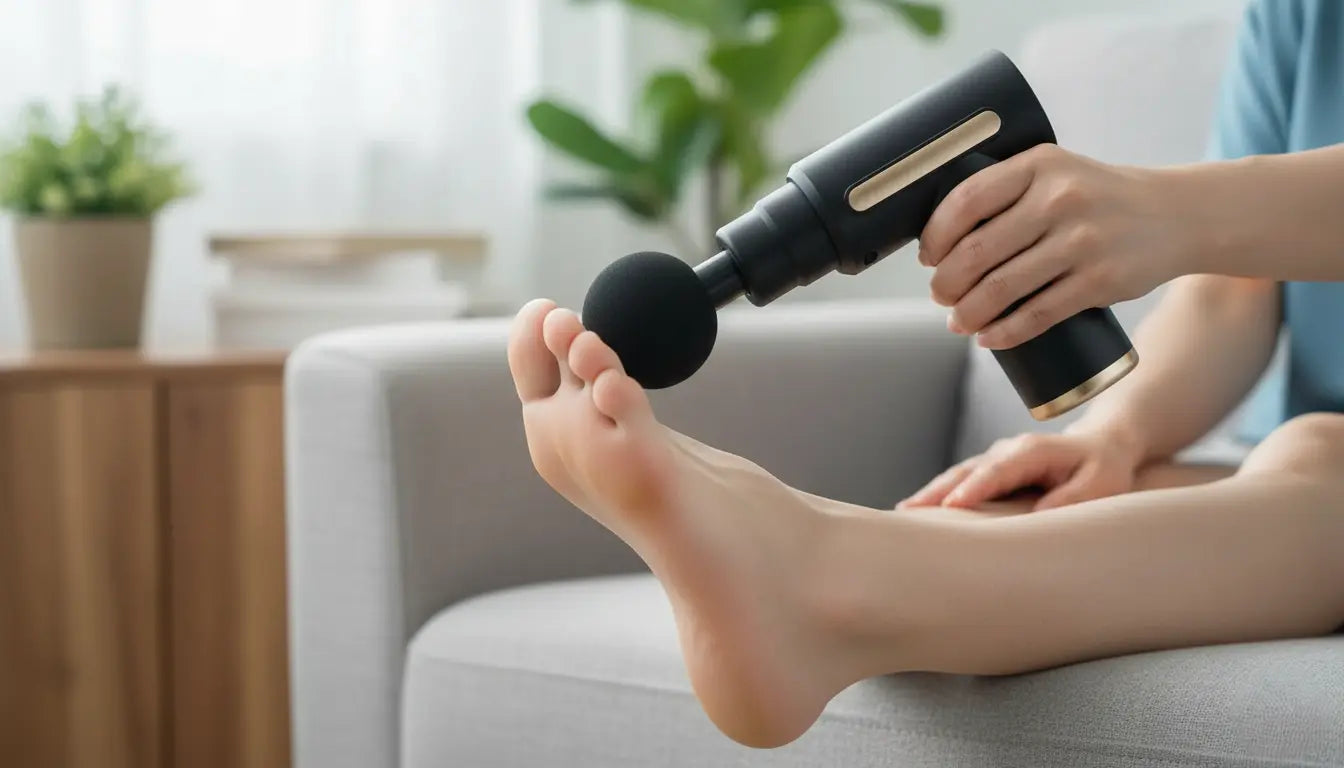 Using a Revo fascia gun to treat foot pain and plantar fasciitis on a person's foot.