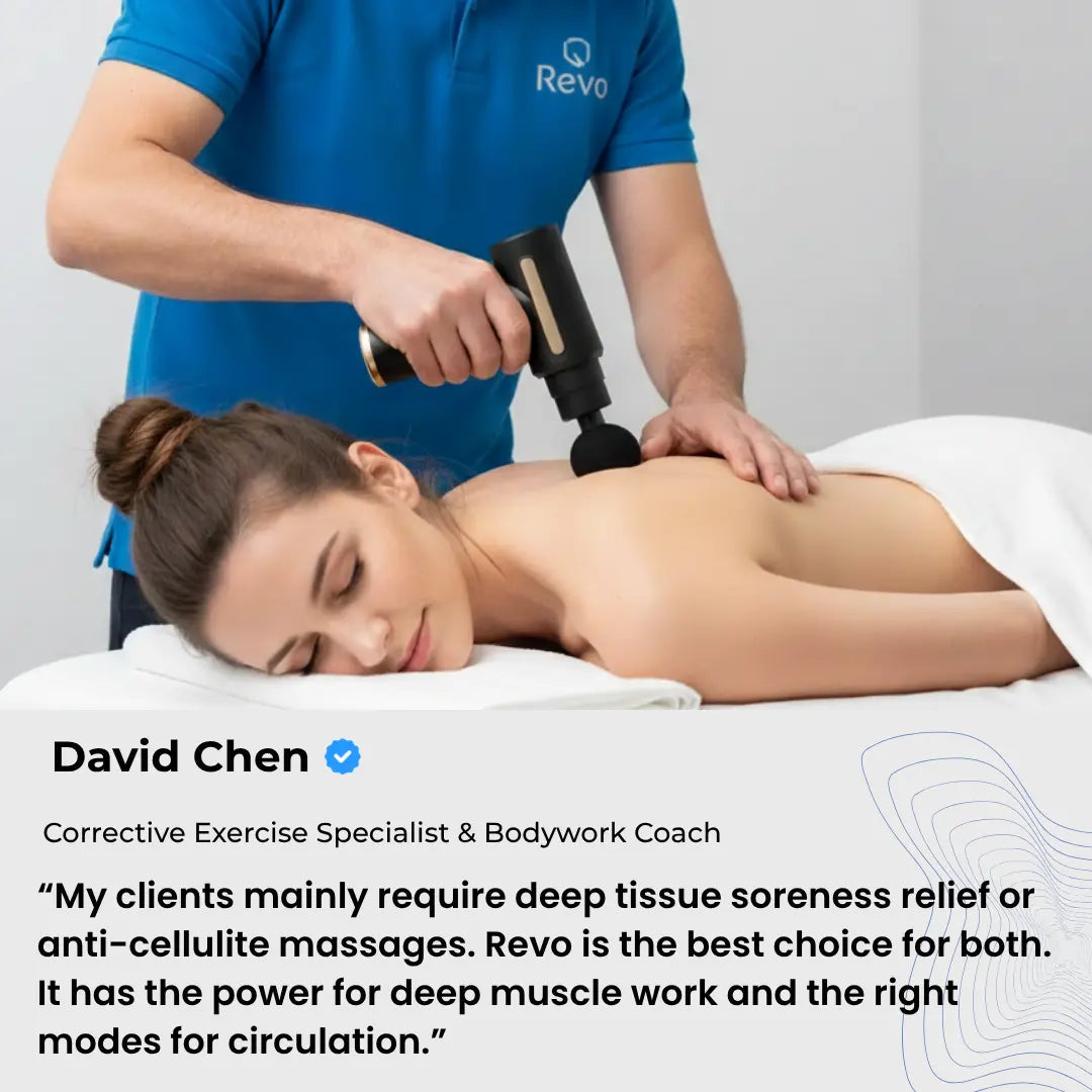 A therapist, David Chen, uses the Revo massage gun on a client's back. He recommends this fascia gun for both deep soreness and cellulite.