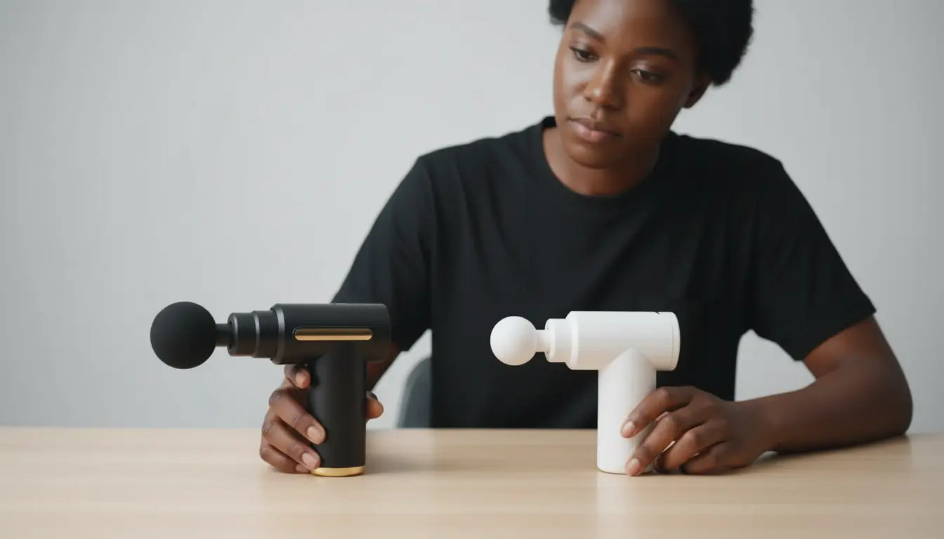 A person compares a Revo Lab massage gun to a cheaper model, for a fascia gun buying guide.