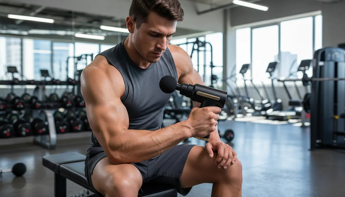 A muscular athlete in a gym uses the Revo massage gun for post-workout performance and recovery.