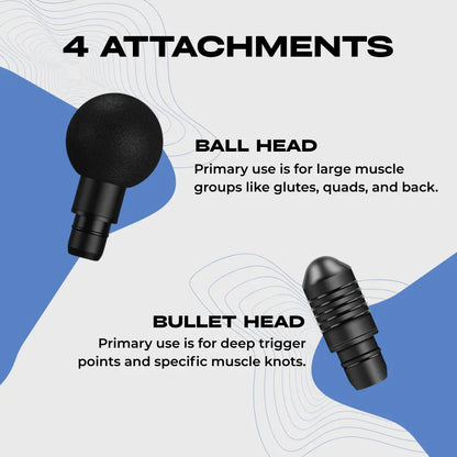 The Ball and Bullet attachments for the Revo fascia gun. The Ball head is for large muscles. The Bullet head is for deep trigger points.