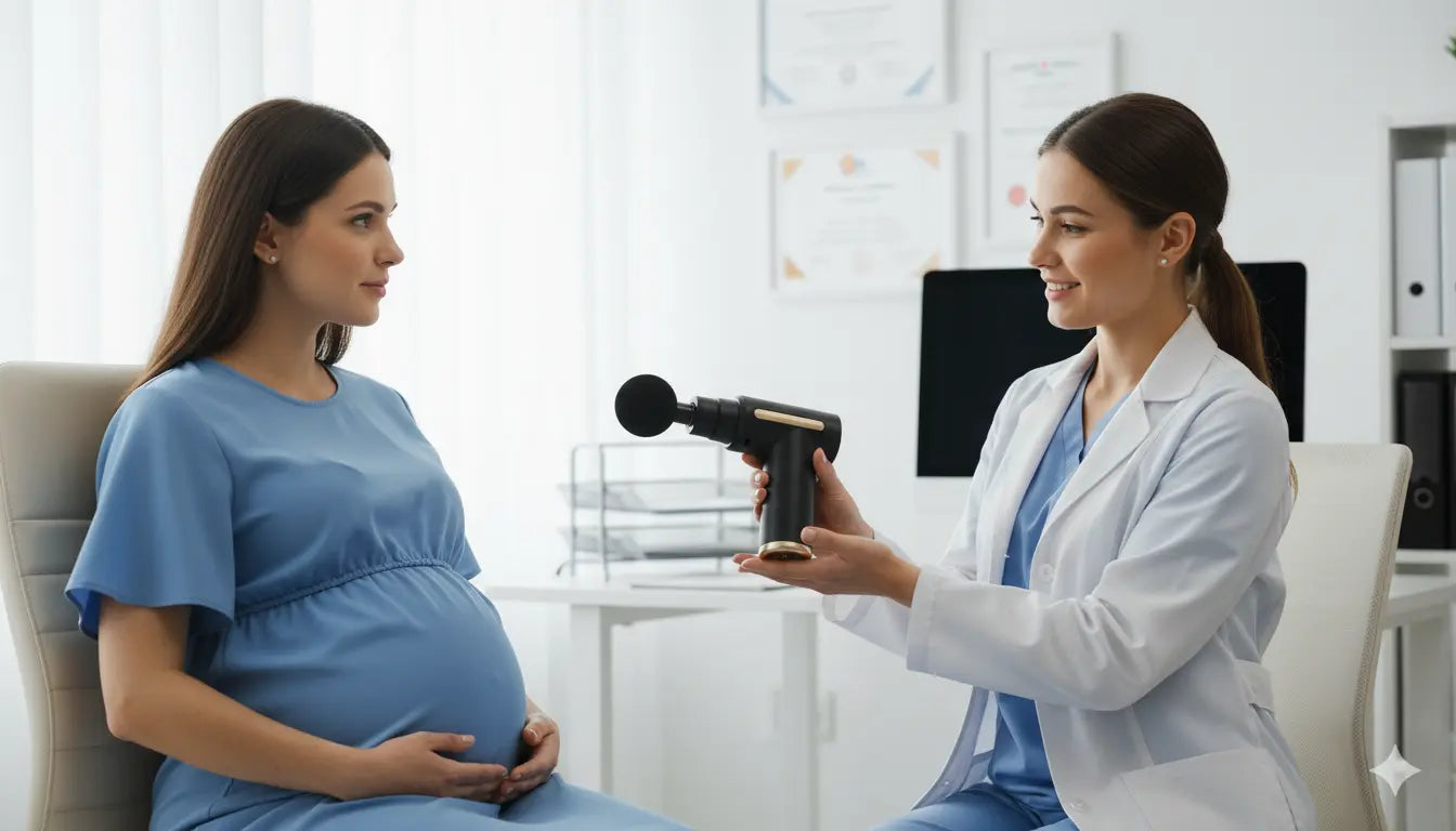 A doctor discusses massage gun and fascia gun safety with a pregnant patient in a clinic.