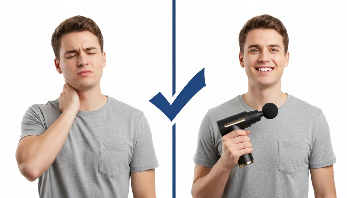 A before-and-after image showing a person's relief from neck pain, proving the Revo massage gun's effectiveness.