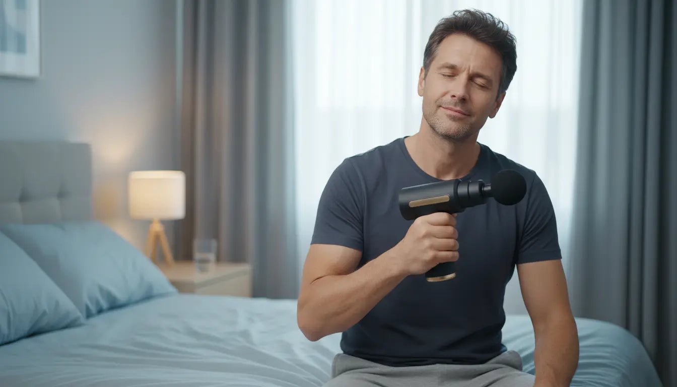 A man finds instant pain relief from his shoulder using a Revo massage gun in his bedroom.