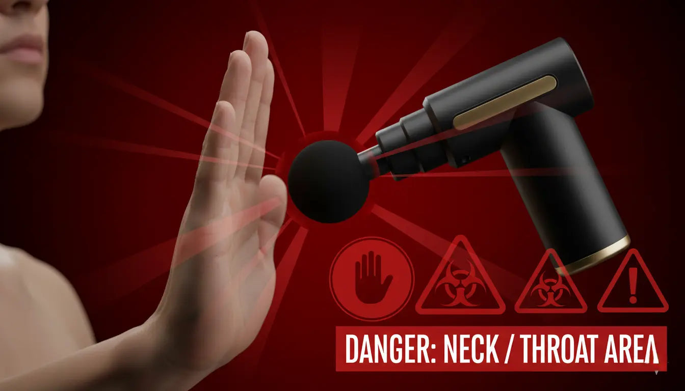 A hand signals 'stop', showing a contraindication for using a massage gun near the throat or neck.