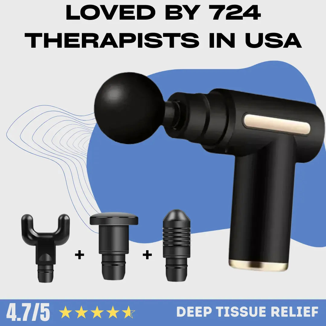 A deep tissue massage gun by Revo Lab, approved by 724 therapists. This fascia gun includes 4 attachments for a professional fascia massage.