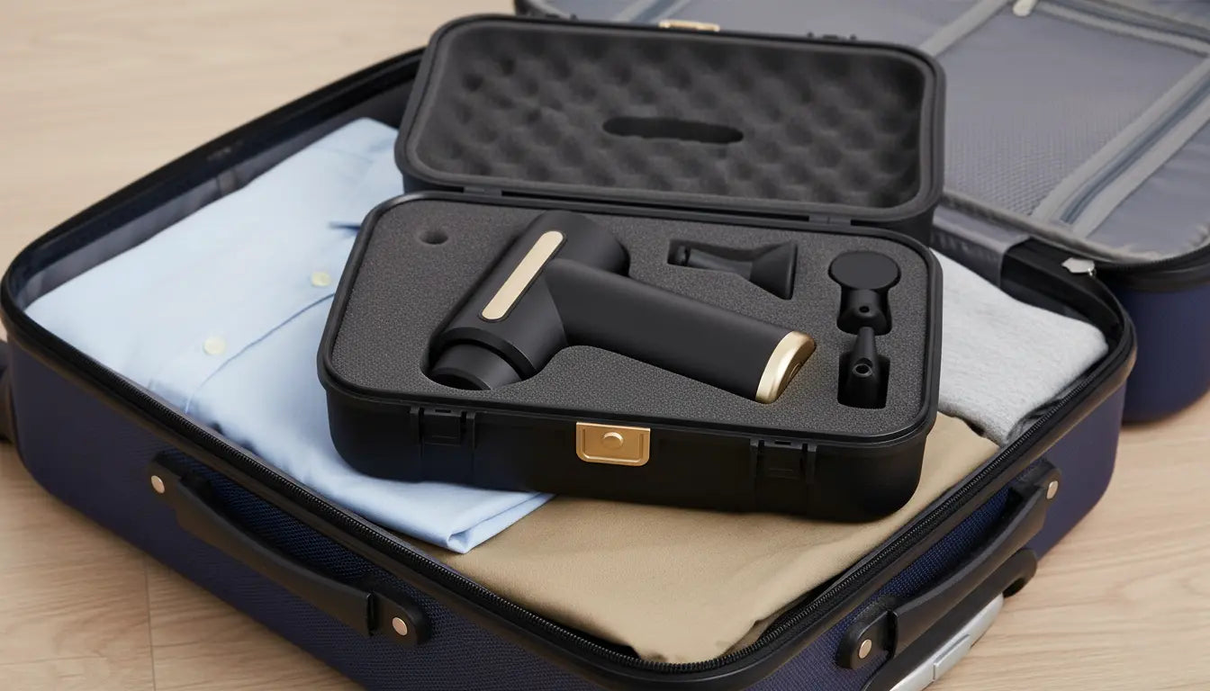 The Revo Lab fascia gun shown in its durable storage box, packed inside a travel suitcase.